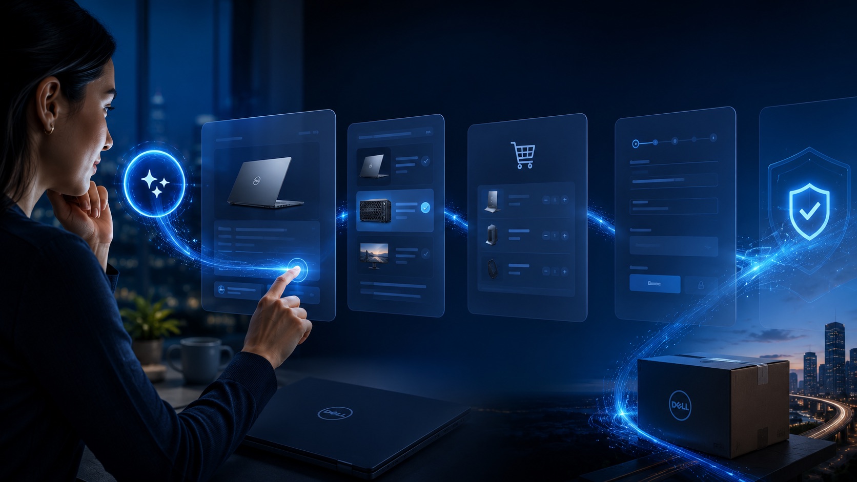 A person interacting with a holographic Dell buying journey — AI-assisted discovery, product selection, cart, secure checkout, and delivery — set against a night skyline