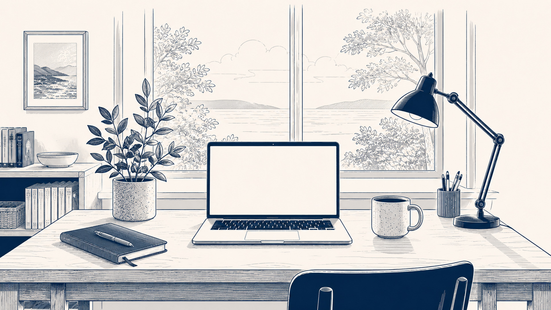 Editorial illustration of a calm home workspace — a desk by a window with a laptop, a potted plant, a notebook, and a coffee mug
